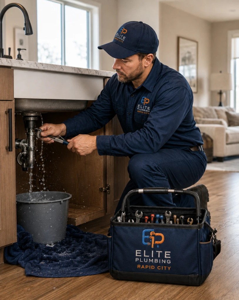 Elite Plumbing Rapid City plumber repairing a leaking kitchen sink during emergency service in Rapid City, SD