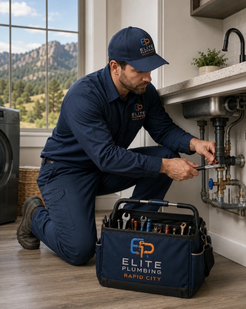 Elite Plumbing Rapid City plumber repairing pipes under a sink in a Rapid City, SD home