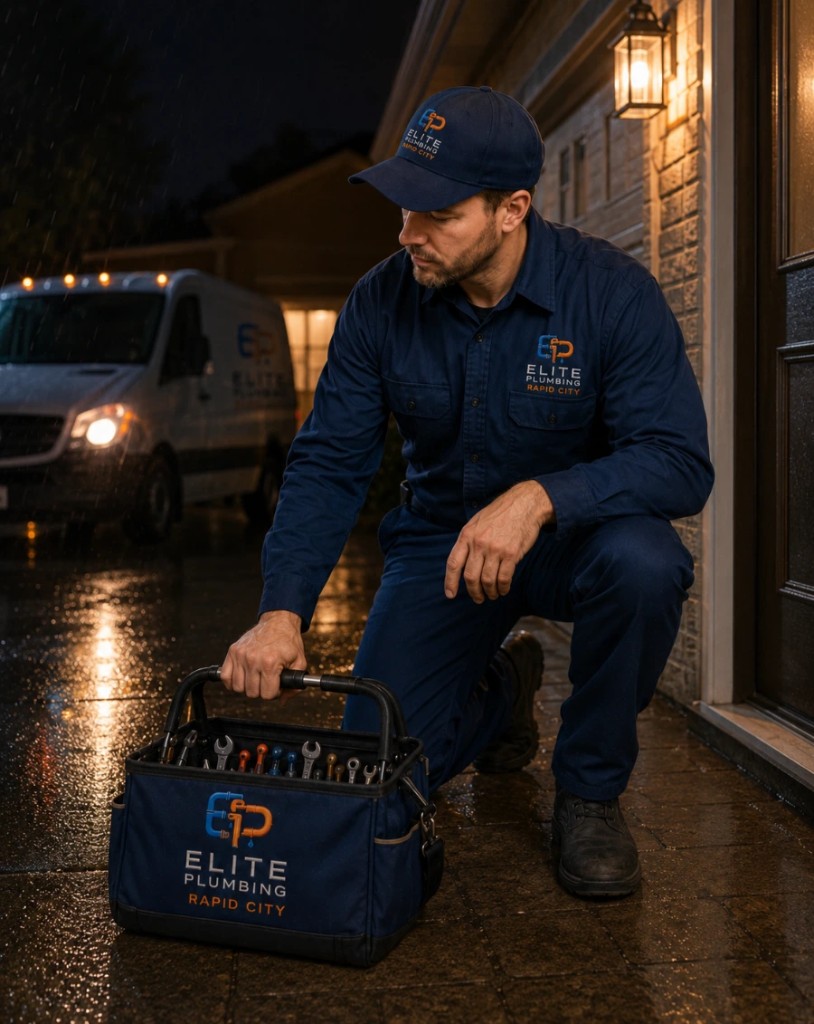 Elite Plumbing Rapid City plumber arriving at night for 24 hour plumbing service in Rapid City, SD