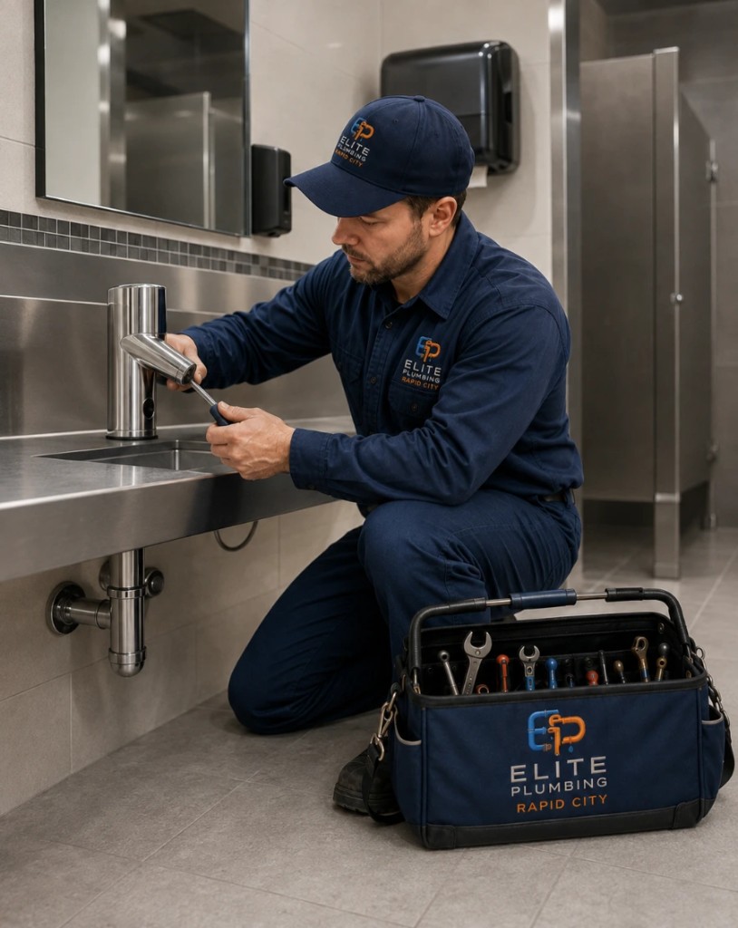 Elite Plumbing Rapid City plumber repairing an automatic sensor faucet in a commercial restroom in Rapid City, SD