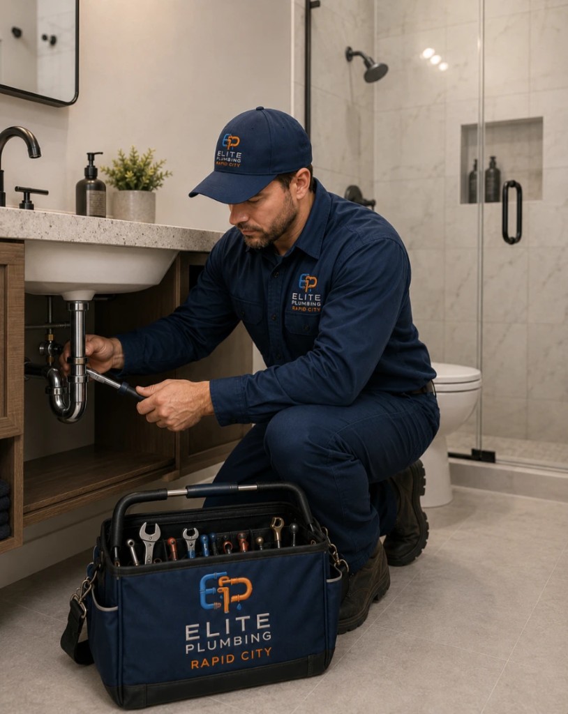 Elite Plumbing Rapid City plumber repairing bathroom plumbing under a sink in Rapid City, SD