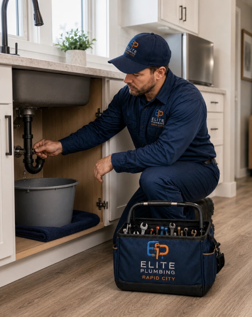 Elite Plumbing Rapid City plumber inspecting a kitchen leak before starting repairs in Rapid City, SD