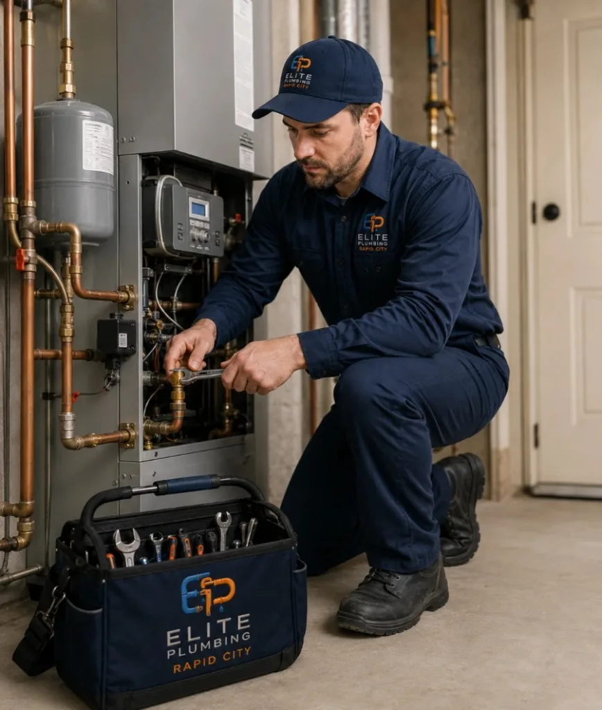 Elite Plumbing Rapid City technician repairing a boiler in Rapid City, SD