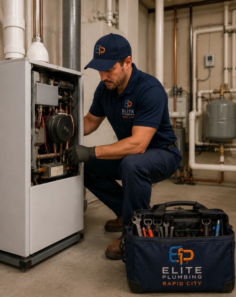 Elite Plumbing Rapid City technician replacing a boiler in a Rapid City utility room