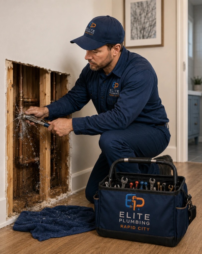 Elite Plumbing Rapid City plumber repairing a burst water pipe leak in Rapid City, SD