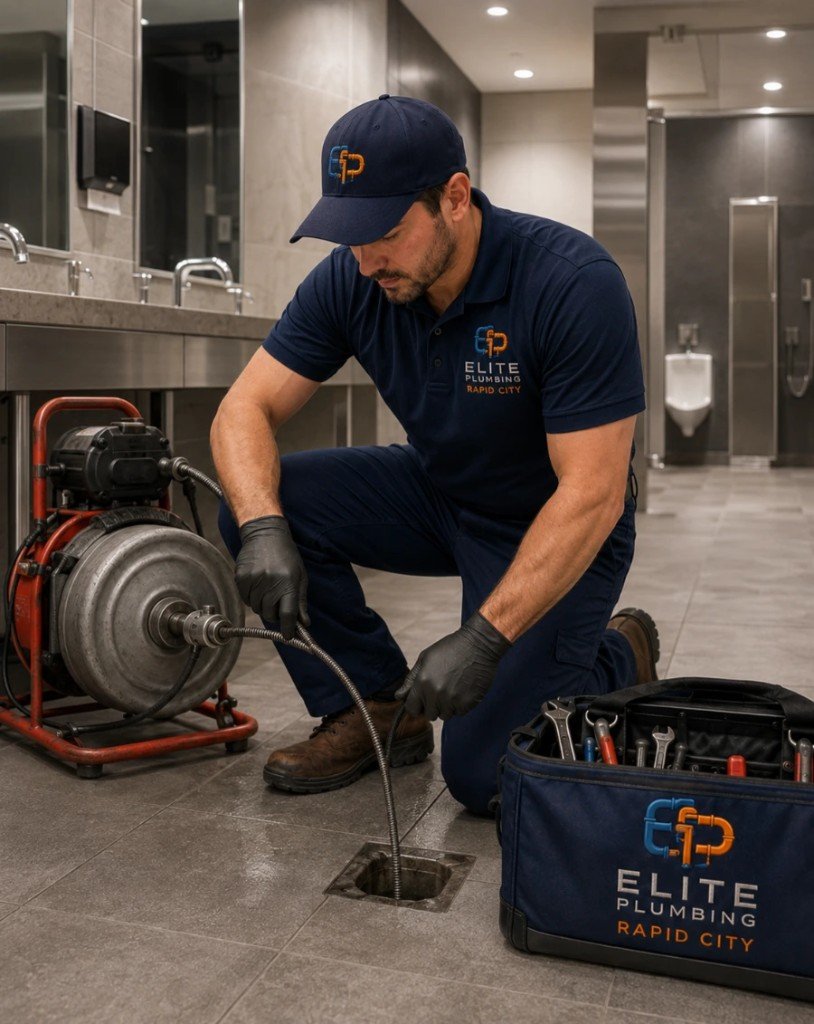 Elite Plumbing Rapid City plumber using a drain machine on a commercial restroom floor drain in Rapid City