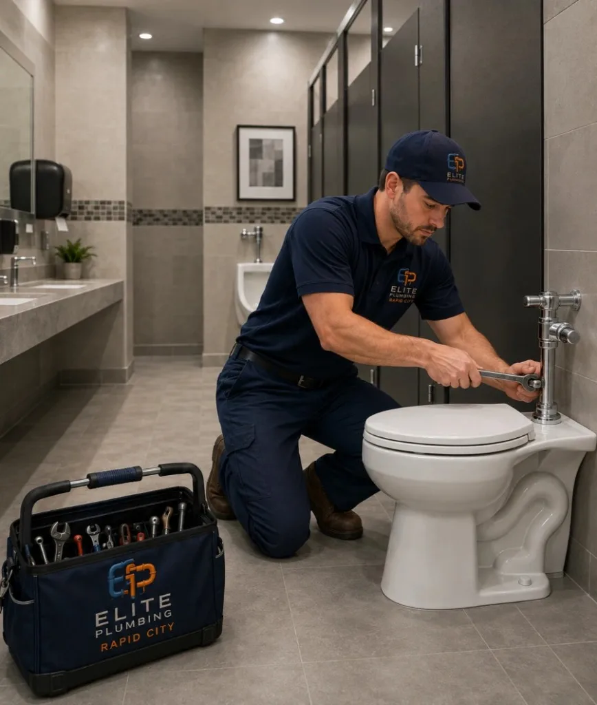 Elite Plumbing Rapid City plumber repairing a commercial restroom toilet in Rapid City, SD