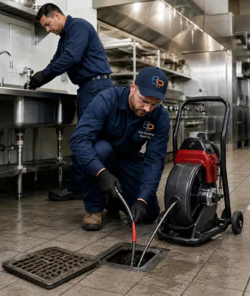 Elite Plumbing Rapid City plumbers cleaning a commercial kitchen floor drain in Rapid City, SD