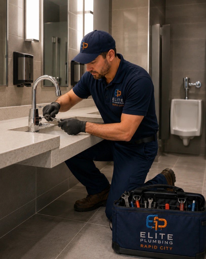 Elite Plumbing Rapid City plumber repairing a commercial restroom faucet in Rapid City