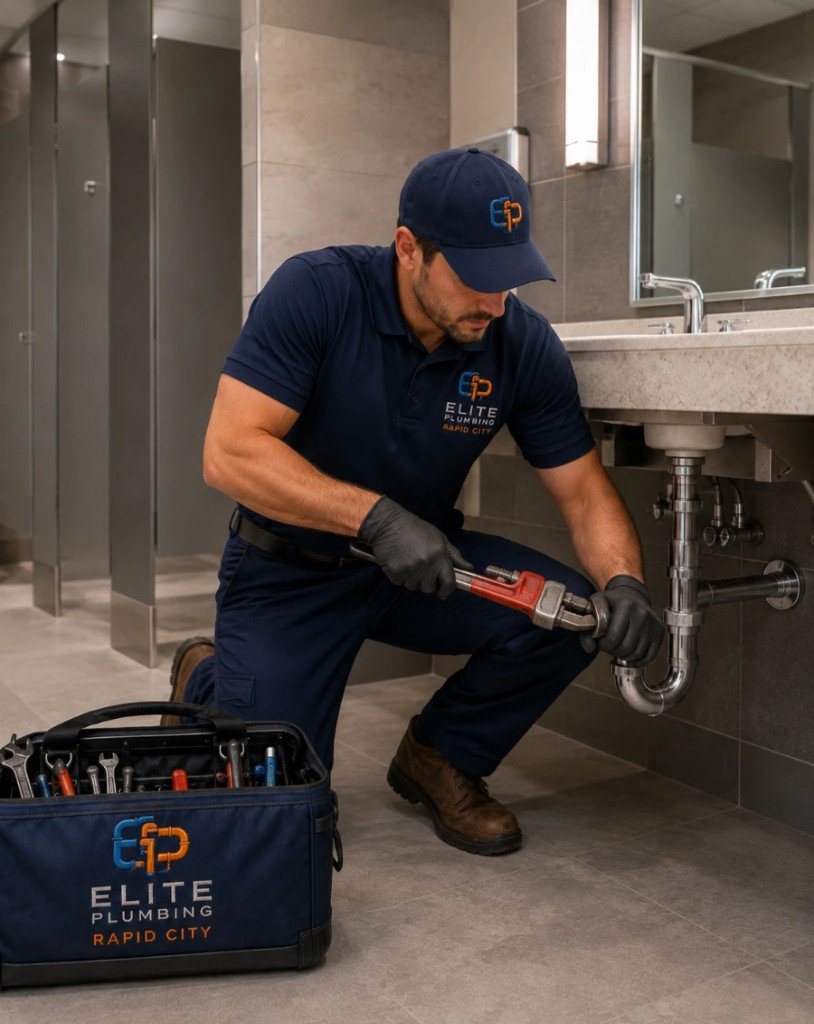Elite Plumbing Rapid City plumber using a pipe wrench on a commercial restroom sink in Rapid City