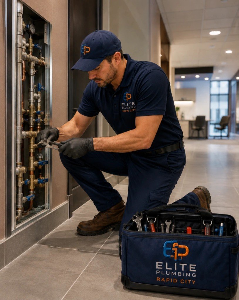 Elite Plumbing Rapid City plumber servicing commercial pipe valves in an office building in Rapid City