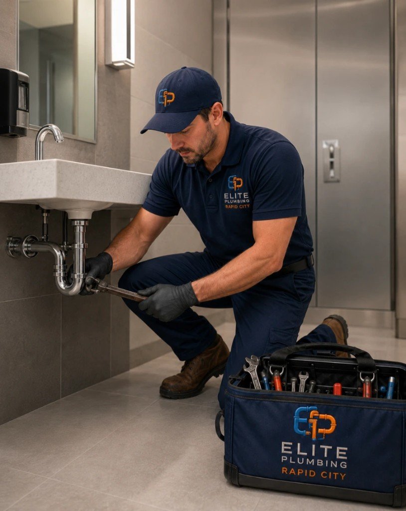 Elite Plumbing Rapid City plumber servicing a wall-mounted sink in a commercial restroom in Rapid City