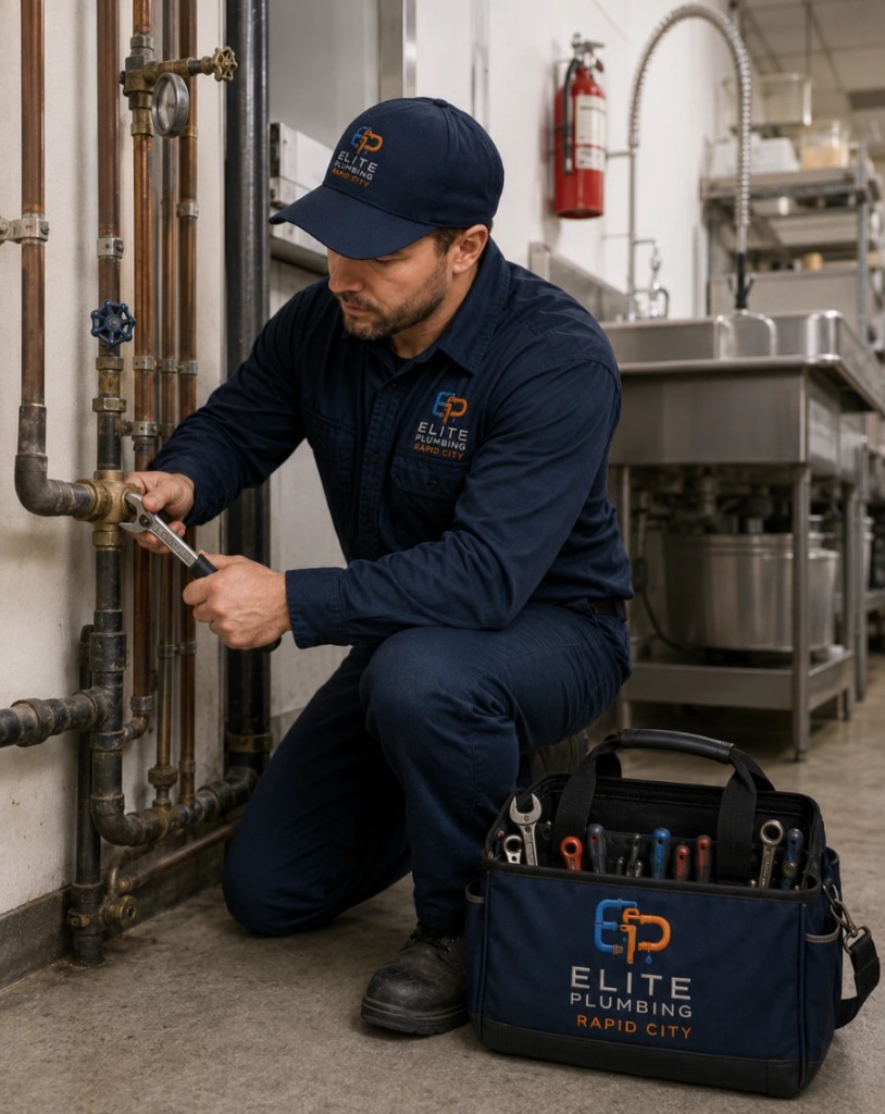 Elite Plumbing Rapid City plumber repairing commercial kitchen water pipes in Rapid City, SD