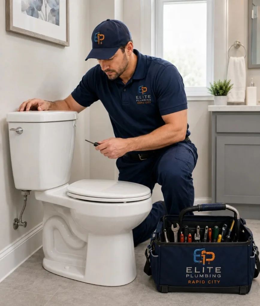 Elite Plumbing Rapid City plumber inspecting a toilet during toilet repair in Rapid City, SD