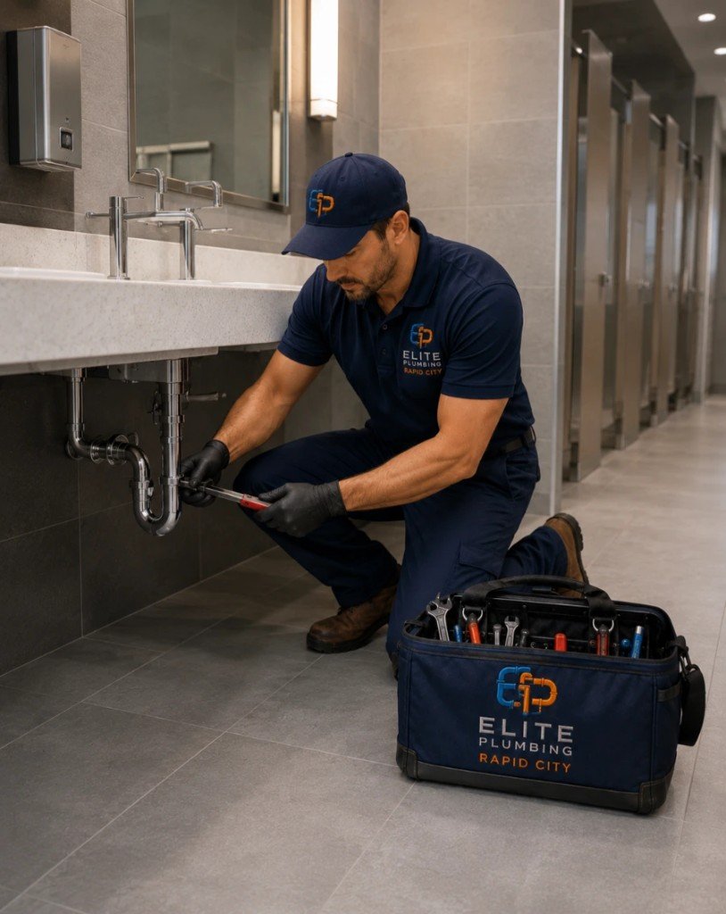 Elite Plumbing Rapid City plumber repairing a commercial restroom sink in Rapid City