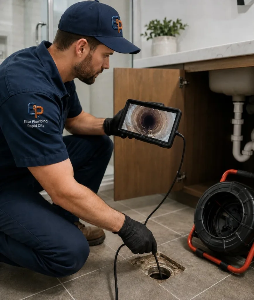 Elite Plumbing Rapid City plumber using a drain camera to inspect a bathroom floor drain in Rapid City, SD