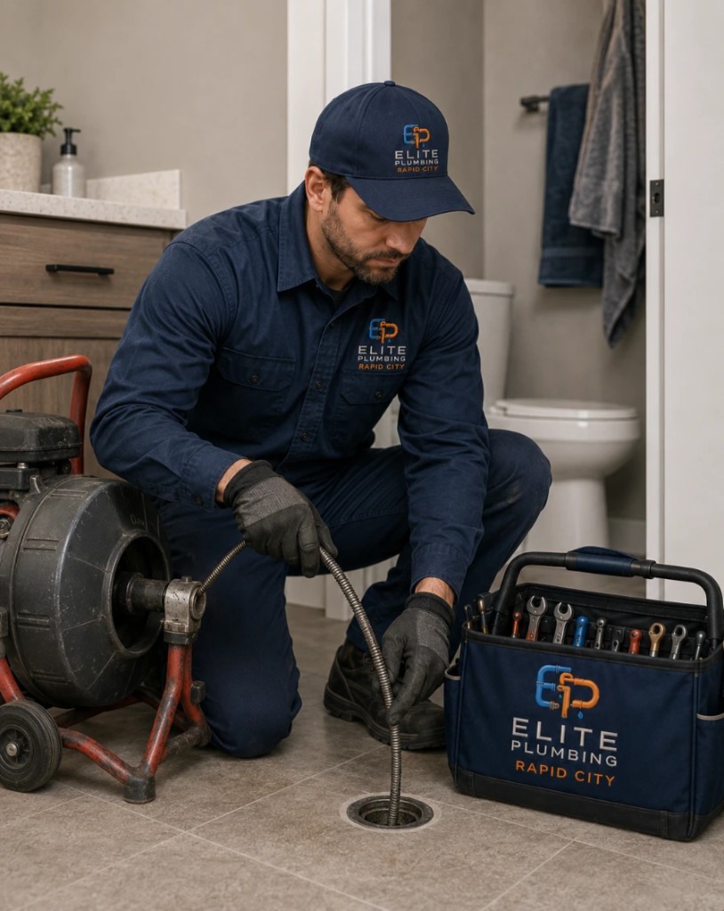 Elite Plumbing Rapid City plumber using a drain snake to clear a clogged bathroom drain in Rapid City, SD