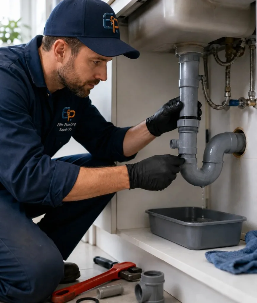 Elite Plumbing Rapid City plumber repairing a leaking kitchen sink drain pipe in Rapid City, SD