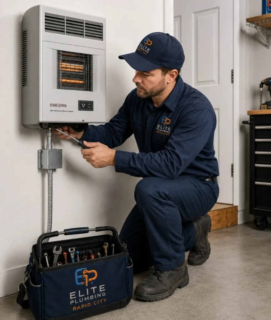 Elite Plumbing Rapid City technician servicing a wall-mounted electric heater in Rapid City, SD