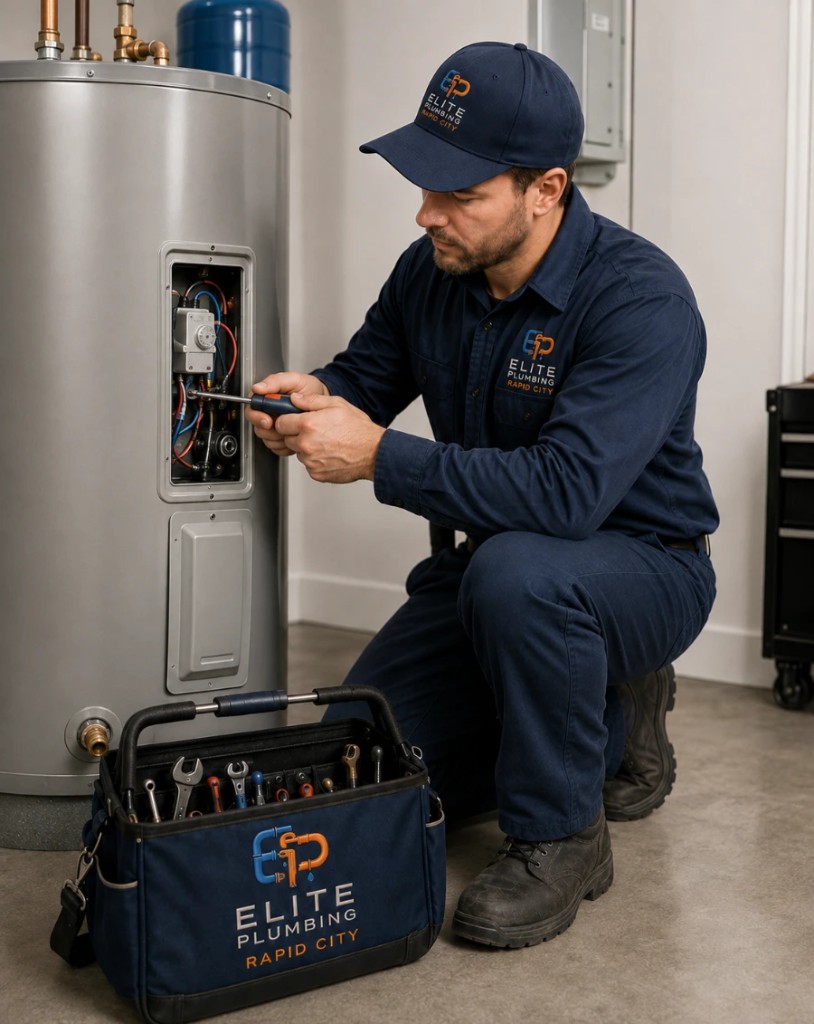 Elite Plumbing Rapid City plumber servicing the access panel on an electric water heater in Rapid City, SD