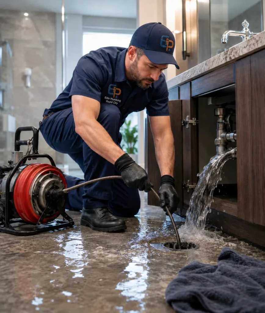 Elite Plumbing Rapid City plumber clearing a backed-up bathroom drain in Rapid City, SD