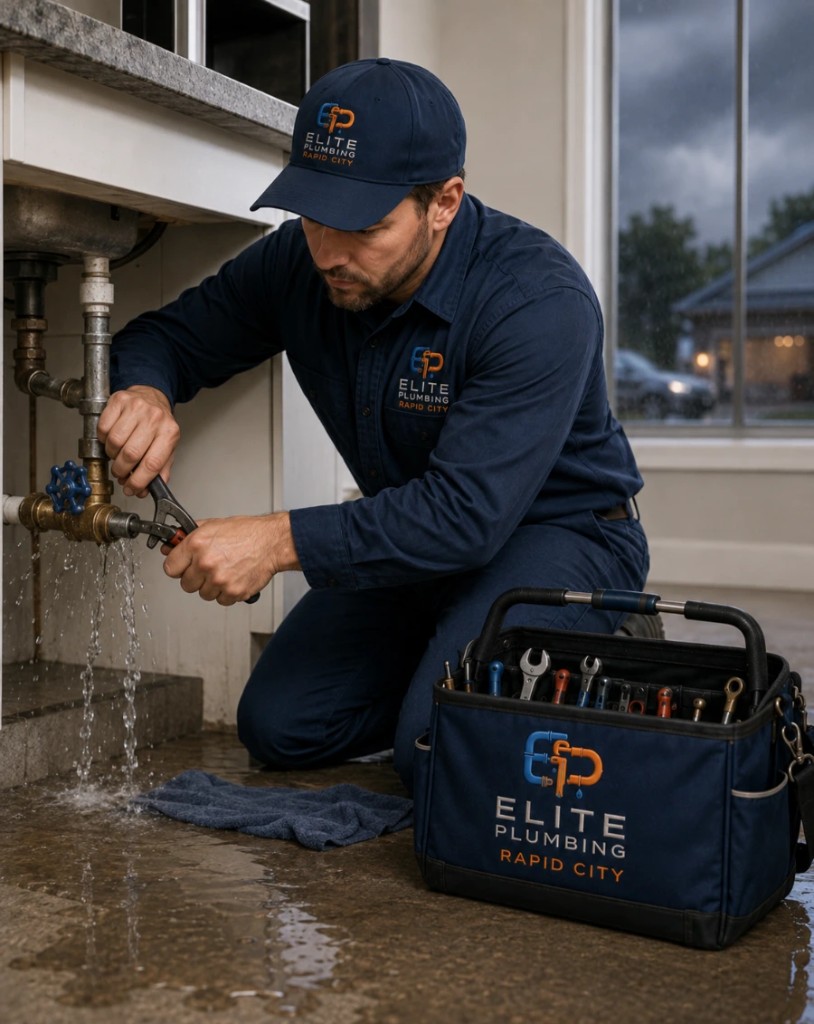 Elite Plumbing Rapid City plumber repairing a leaking kitchen sink during emergency service in Rapid City, SD