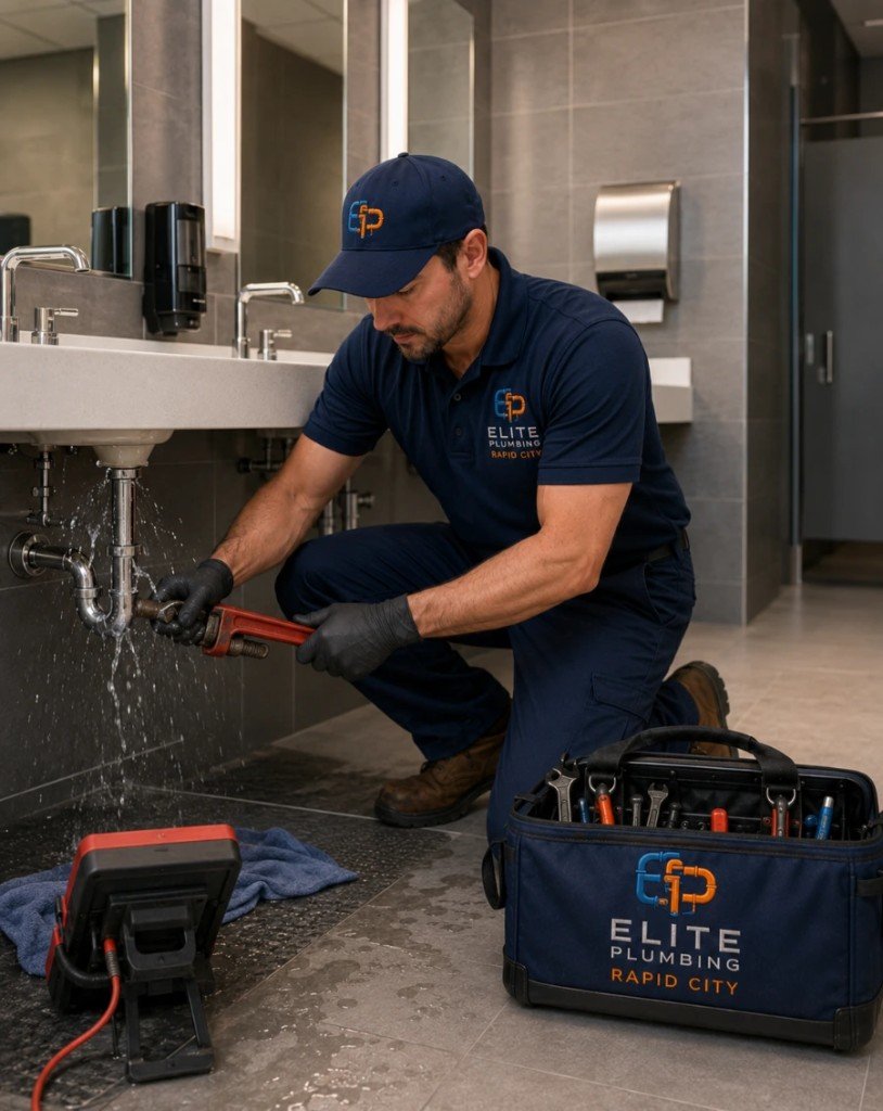 Elite Plumbing Rapid City plumber repairing a leaking commercial restroom pipe in Rapid City