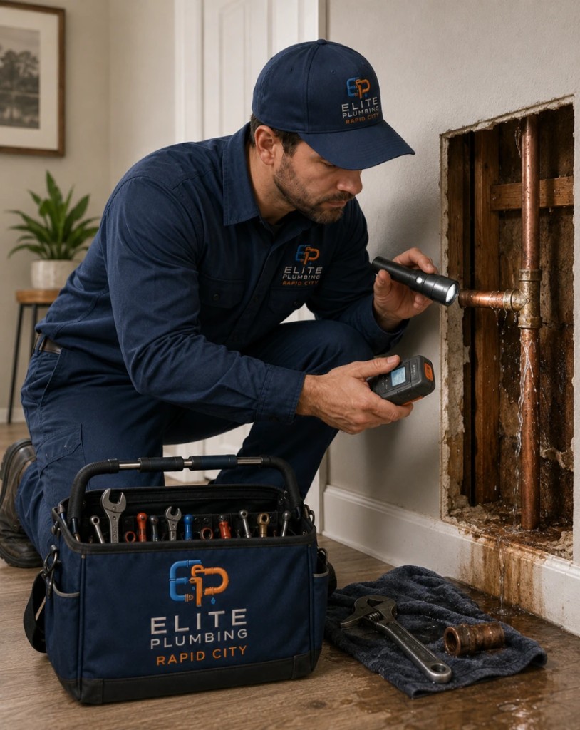 Elite Plumbing Rapid City plumber using a flashlight to find a water leak inside a wall in Rapid City, SD