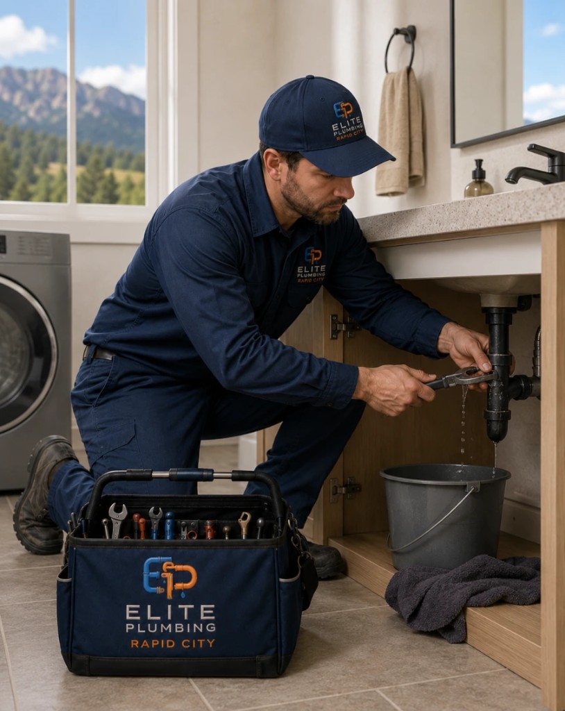 Elite Plumbing Rapid City plumber repairing household plumbing under a sink in Rapid City, SD