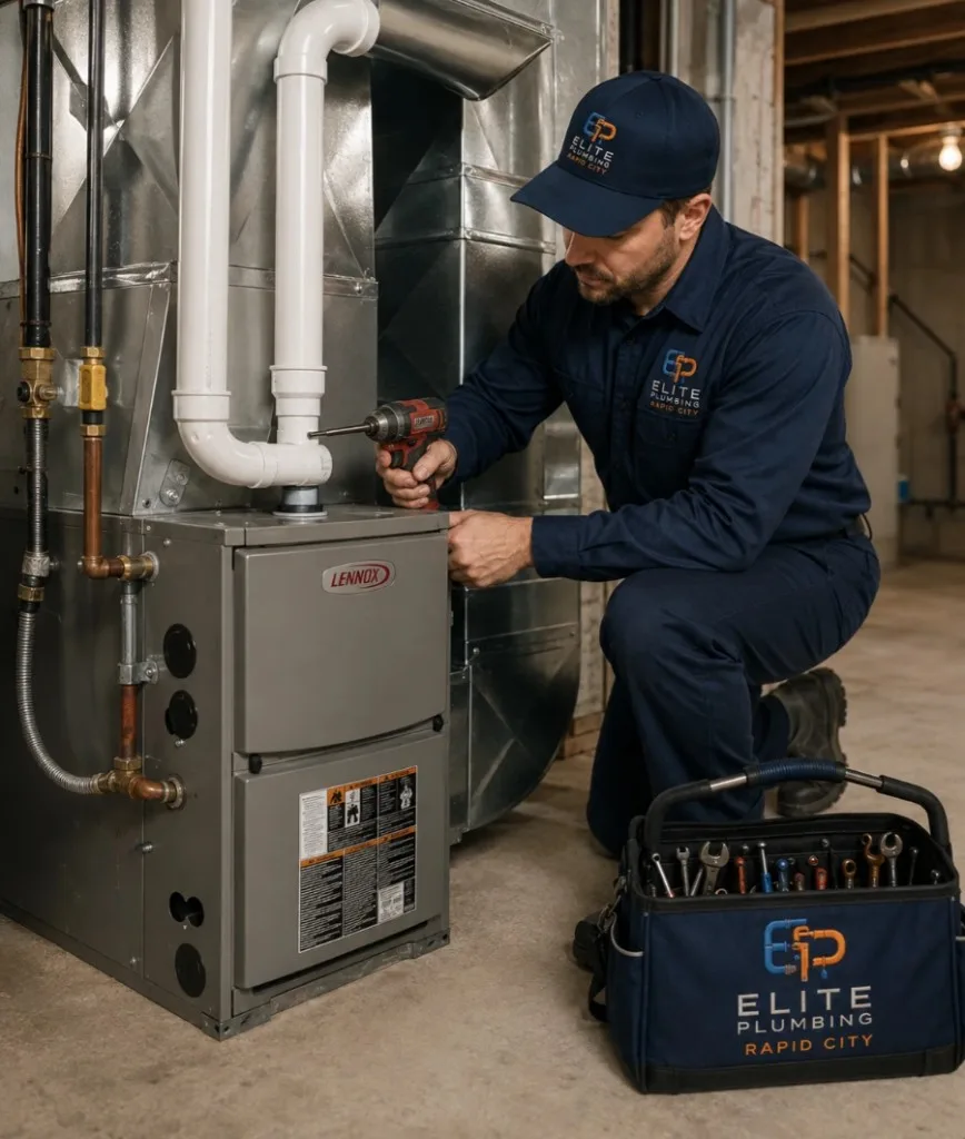 Elite Plumbing Rapid City technician installing a furnace in Rapid City, SD