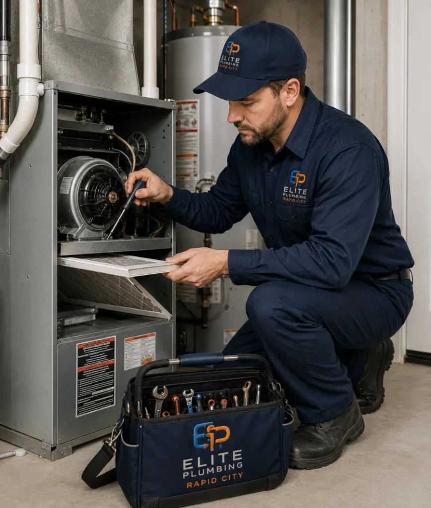 Elite Plumbing Rapid City technician changing a furnace filter during maintenance in Rapid City, SD