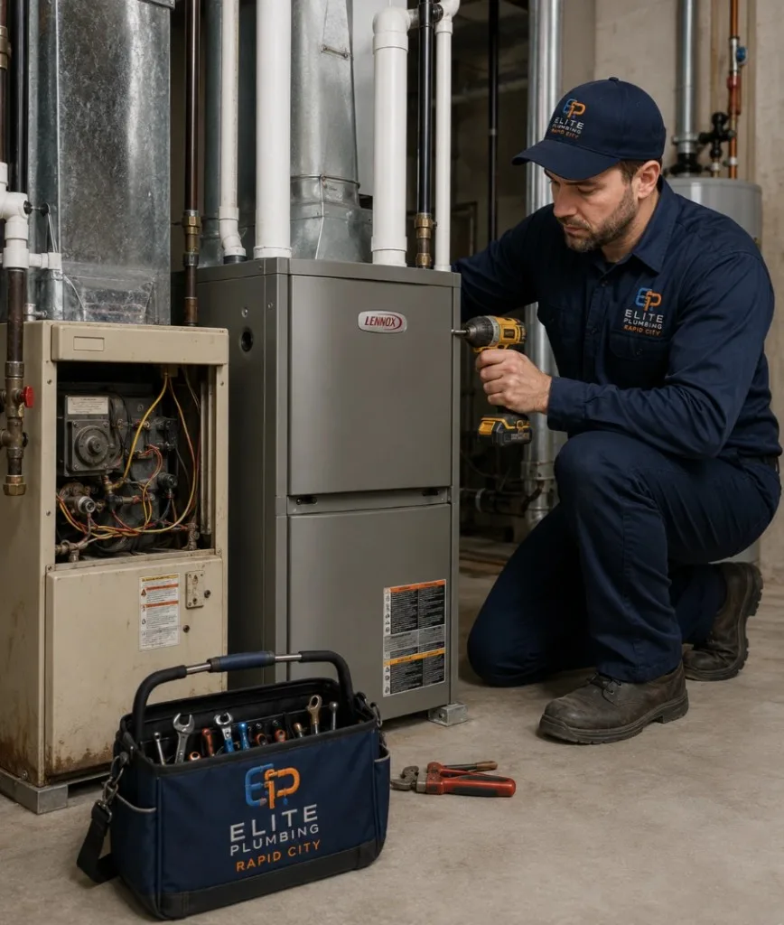 Elite Plumbing Rapid City technician replacing a furnace in Rapid City, SD