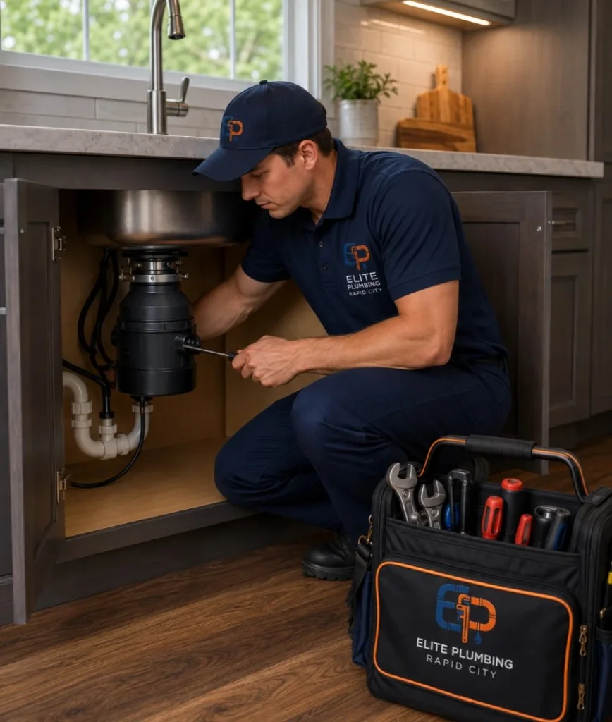 Elite Plumbing Rapid City plumber clearing a jammed garbage disposal in Rapid City, SD