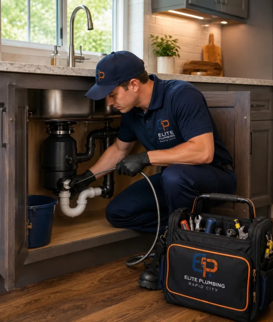 Elite Plumbing Rapid City plumber clearing a kitchen drain connected to a garbage disposal in Rapid City, SD
