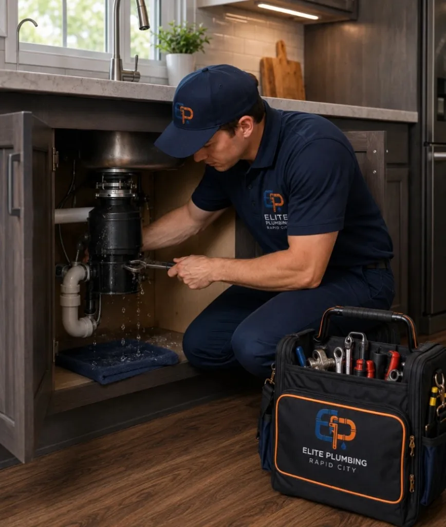 Elite Plumbing Rapid City plumber repairing a leaking garbage disposal in Rapid City, SD