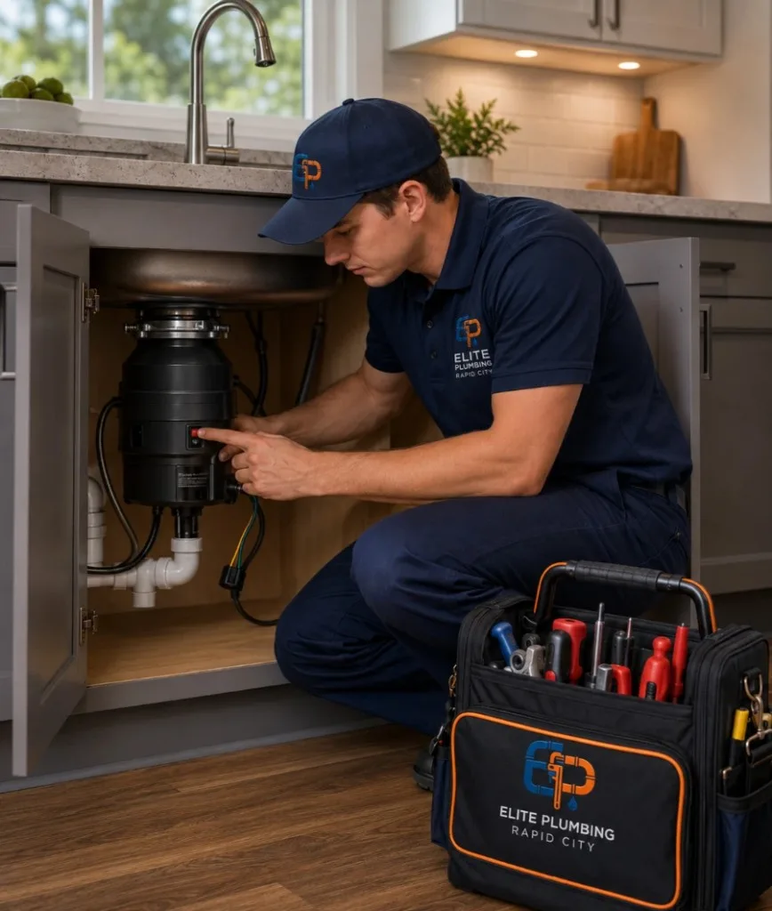 Elite Plumbing Rapid City plumber checking a garbage disposal that will not start in Rapid City, SD