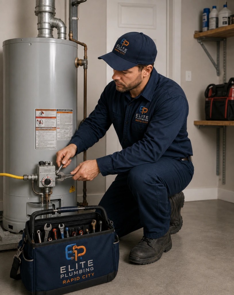 Elite Plumbing Rapid City plumber using a wrench on a gas tank water heater in Rapid City, SD