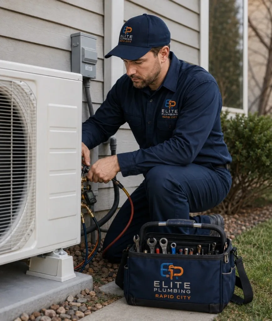 Elite Plumbing Rapid City technician installing a heat pump outside a Rapid City home