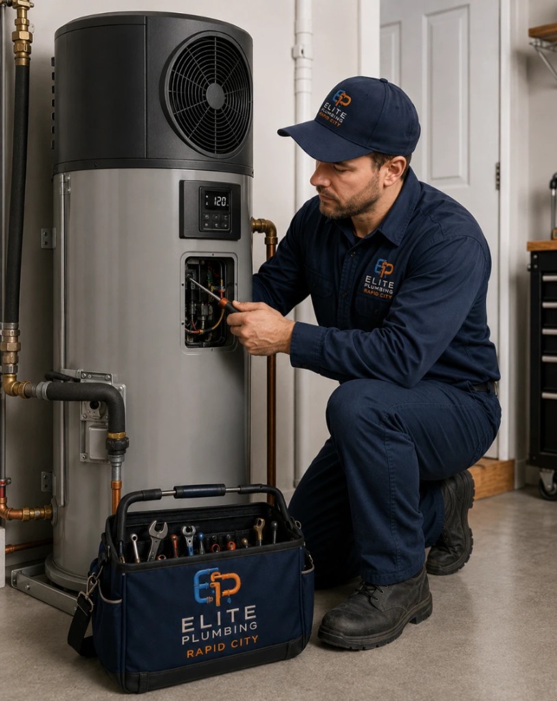 Elite Plumbing Rapid City technician servicing a high-efficiency heat pump water heater in Rapid City, SD