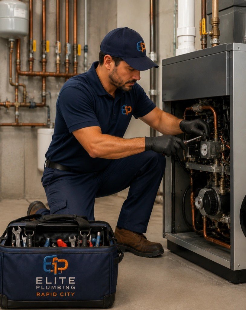 Elite Plumbing Rapid City technician servicing a heating and cooling HVAC system in Rapid City, SD