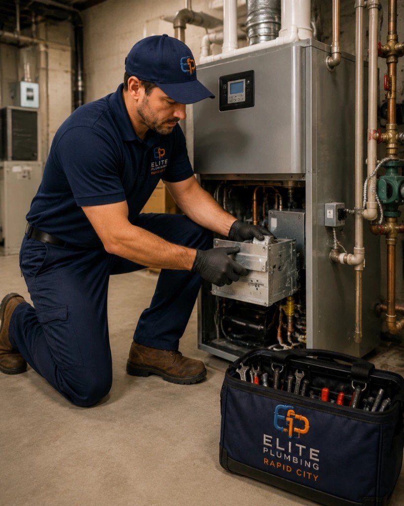 Elite Plumbing Rapid City heating contractor servicing a furnace in Rapid City