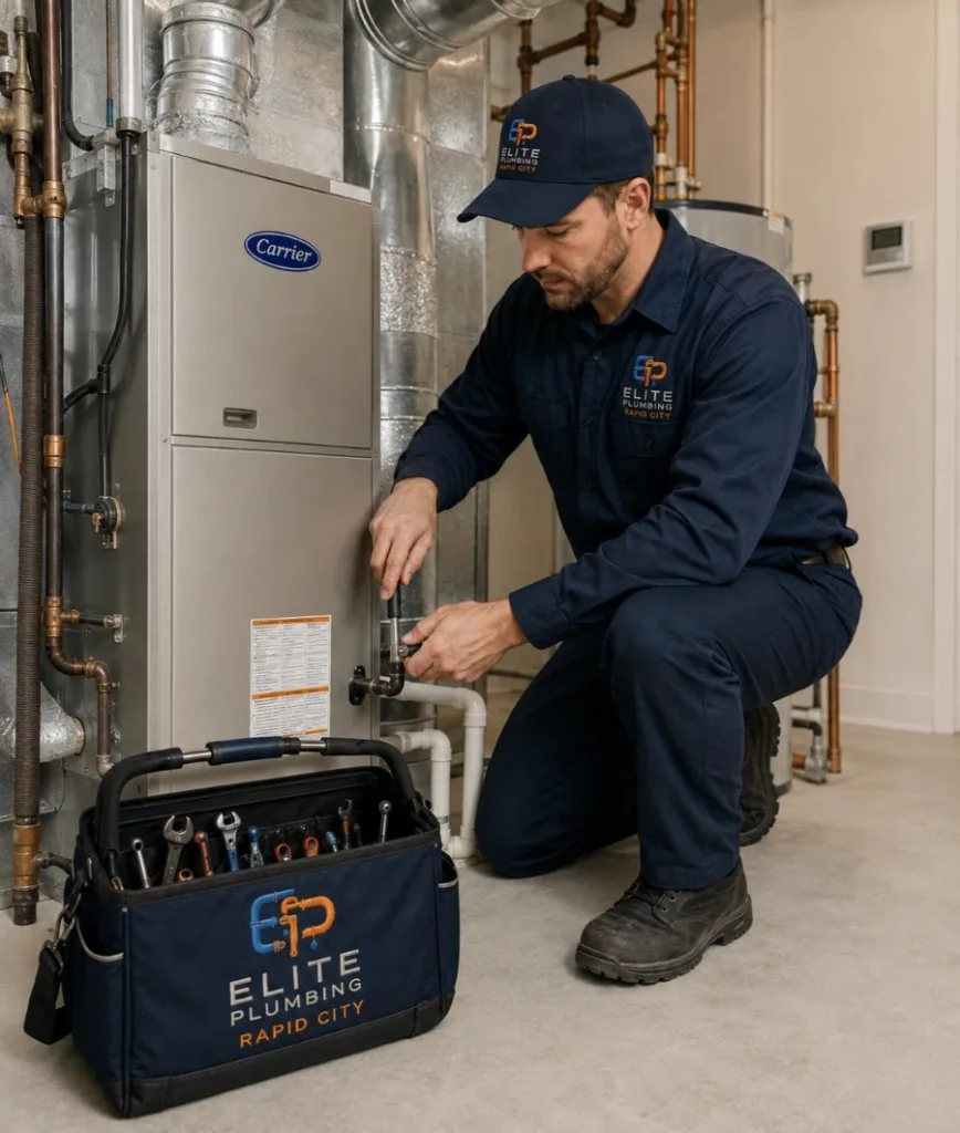 Elite Plumbing Rapid City technician installing a heating system in Rapid City, SD