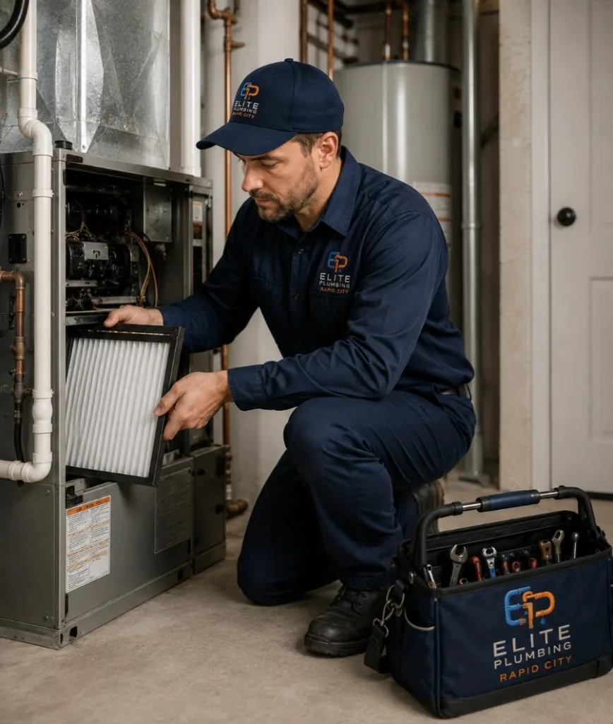 Elite Plumbing Rapid City technician performing heating maintenance on a furnace in Rapid City, SD