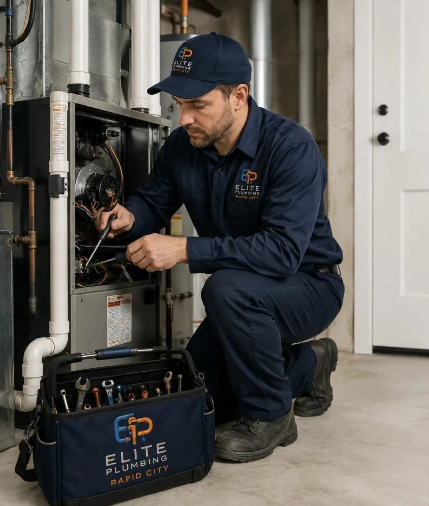 Elite Plumbing Rapid City technician repairing a furnace in Rapid City, SD