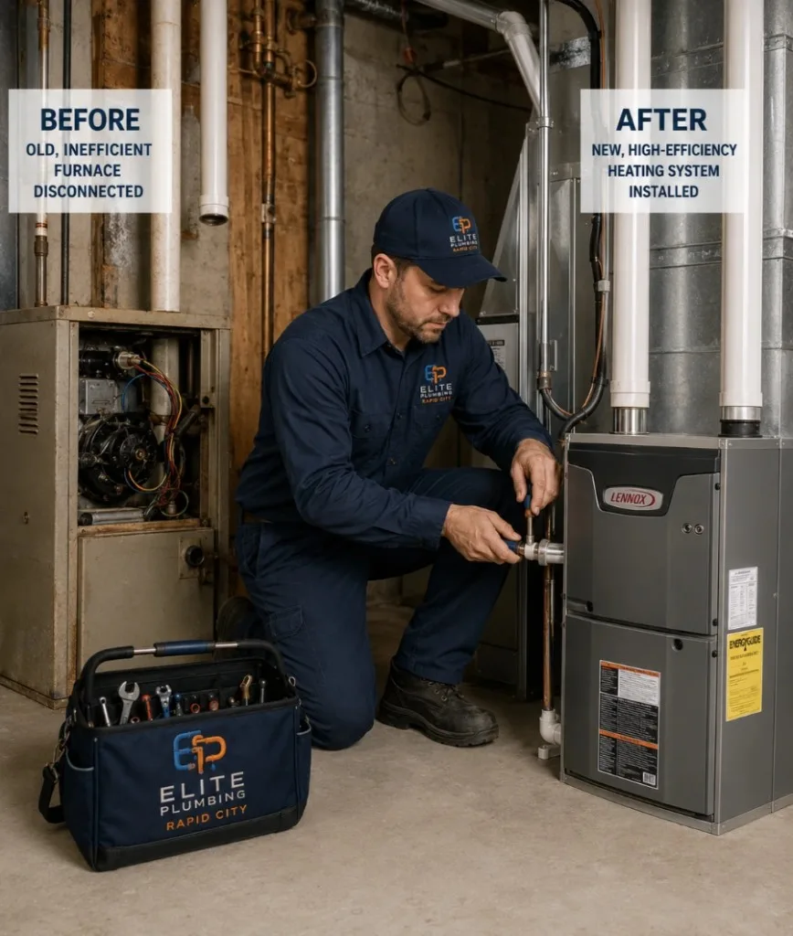 Elite Plumbing Rapid City technician installing a new high-efficiency furnace in Rapid City, SD