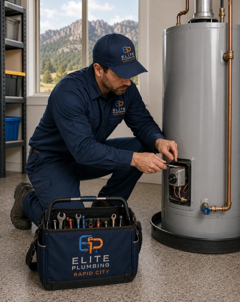 Elite Plumbing Rapid City technician servicing a residential water heater control panel in Rapid City, SD
