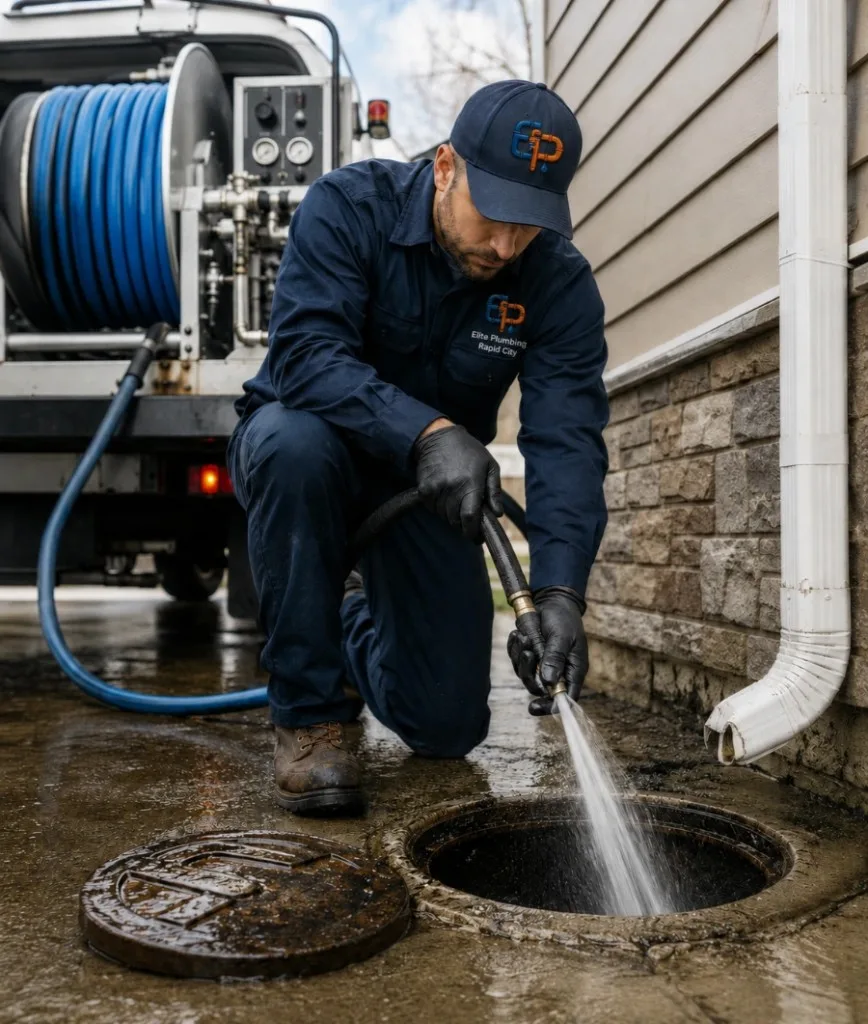 Elite Plumbing Rapid City plumber hydro jetting a sewer cleanout beside a Rapid City home
