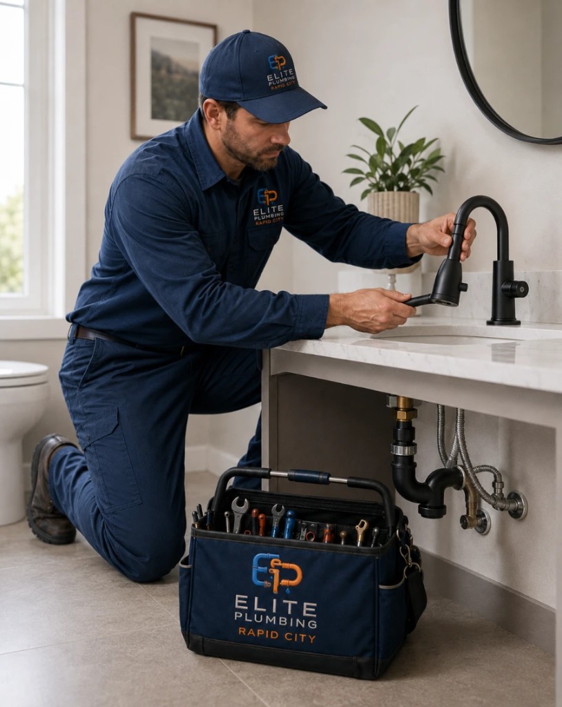 Elite Plumbing Rapid City plumber installing a modern bathroom faucet upgrade in Rapid City, SD
