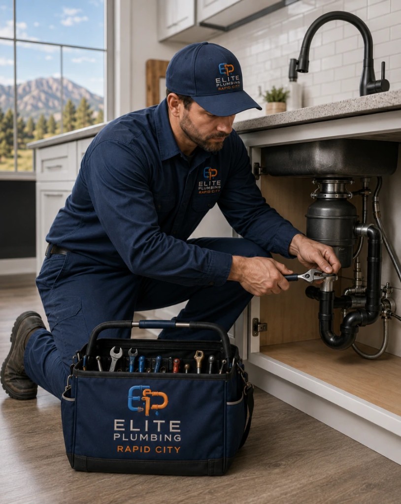 Elite Plumbing Rapid City plumber repairing a kitchen sink drain and garbage disposal in Rapid City, SD