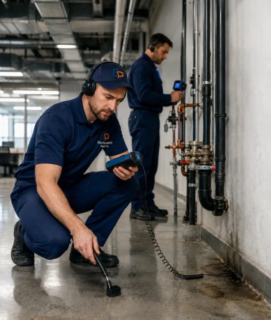 Elite Plumbing Rapid City plumbers using leak detection equipment on commercial pipes in Rapid City, SD
